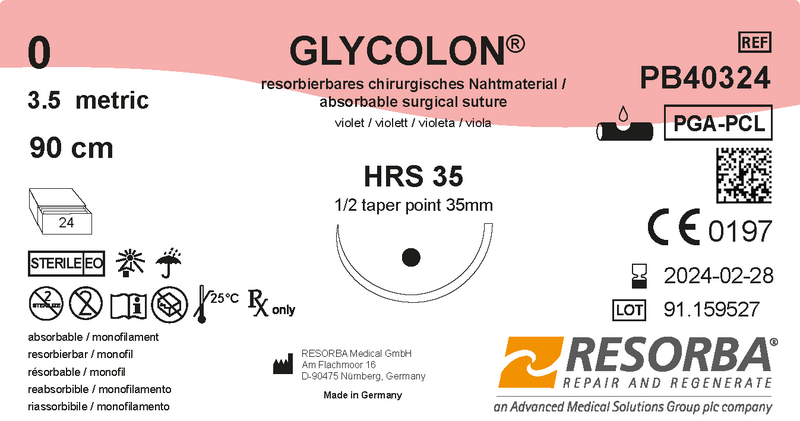 Гліколон USP0 фіолетовий, 90см, колюча голка збільшений діаметр 35 мм, 1/2 кола